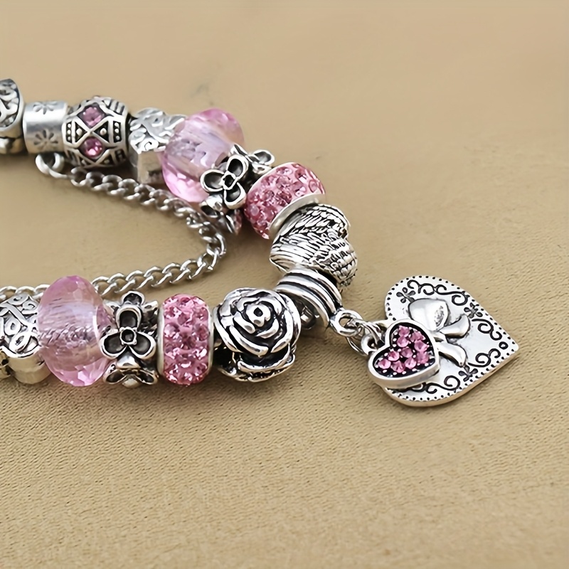 Pink Crystal Heart Pendant Bracelet Titanium Steel Chain